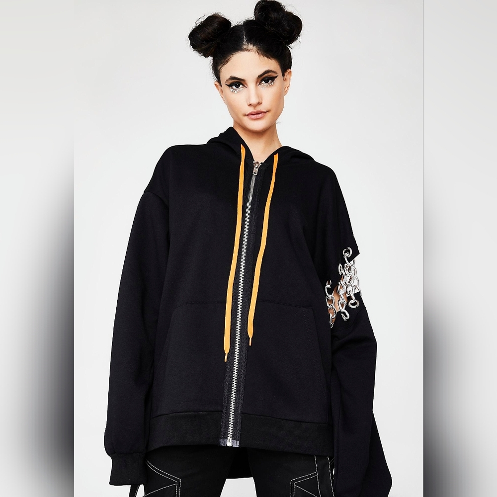 POSTER GIRL | Oversized Cyber Grunge Zip Hoodie - Black/Orange Chain Sleeve M/L
